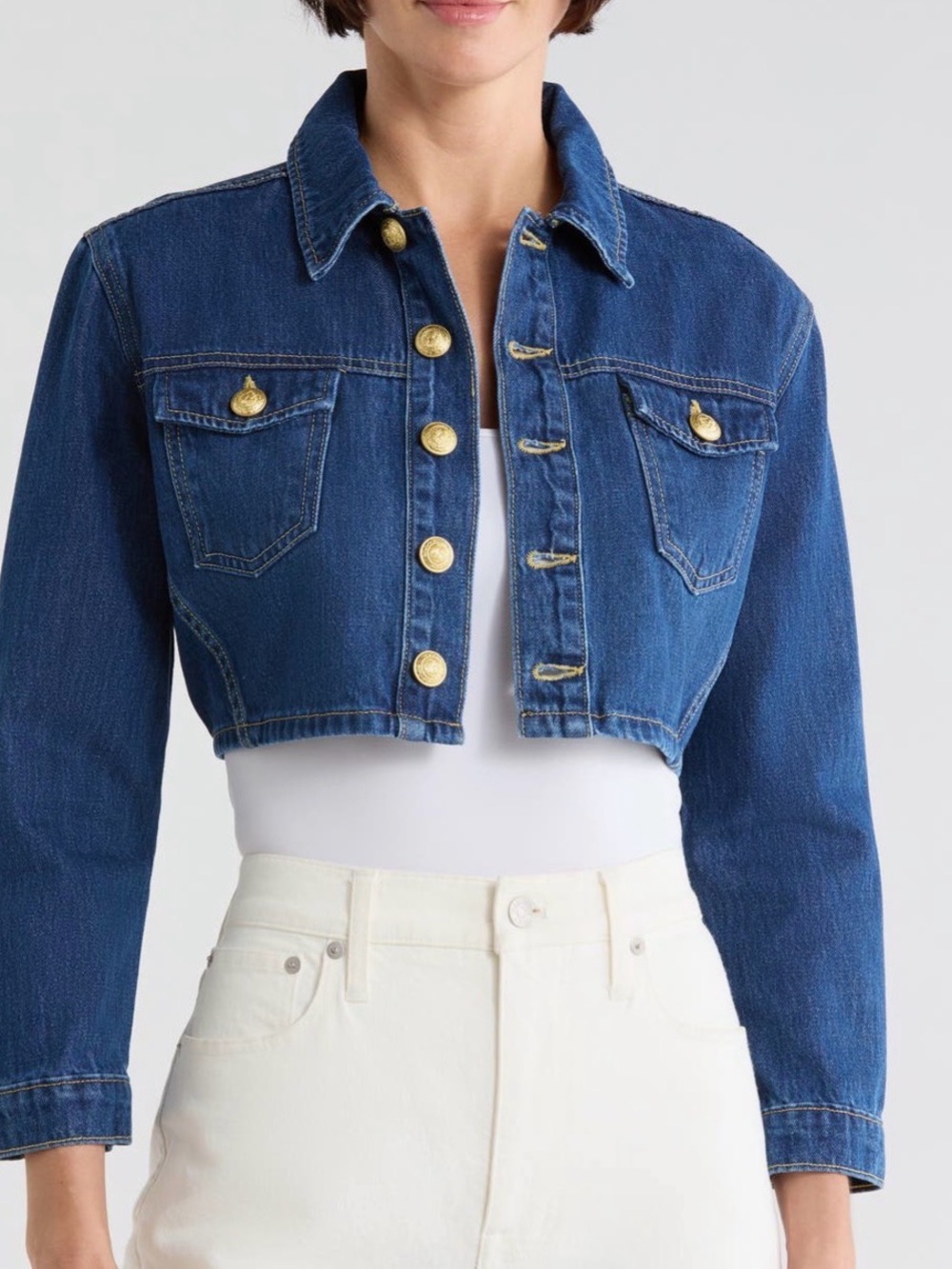 L'AGENCE Cropped Dark Blue Denim Jacket with Gold Buttons